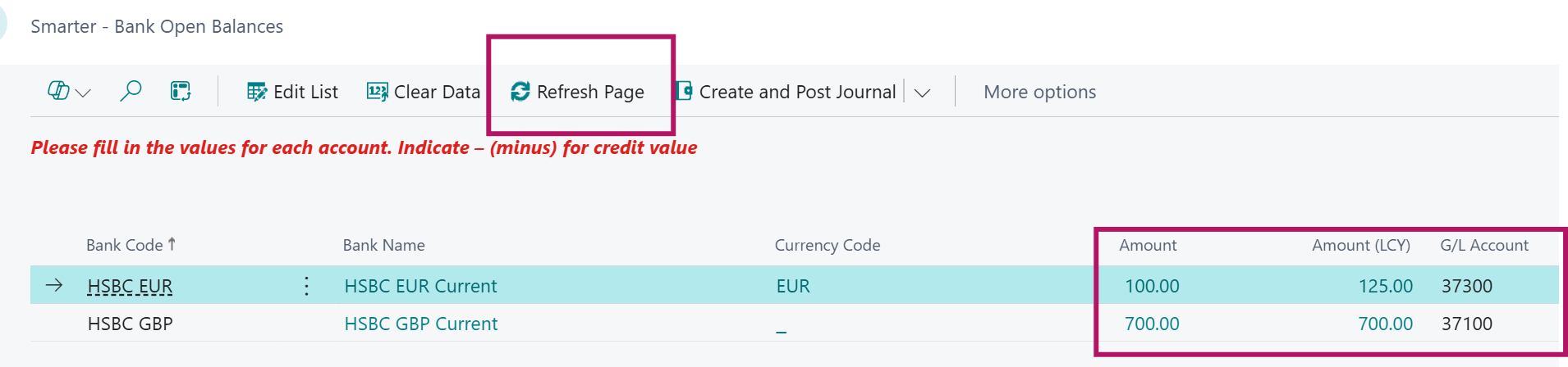 The image displays a bank account interface for recording and updating financial transactions, including bank codes, names, currency, amounts, and ledger accounts.
AI-generated content may be incorrect.