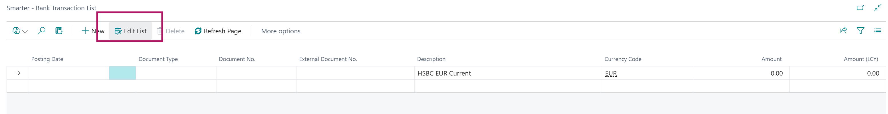 The image displays a bank transaction list with columns for posting date, document type, document number, external document number, description, currency code, and amounts in EUR.
AI-generated content may be incorrect.