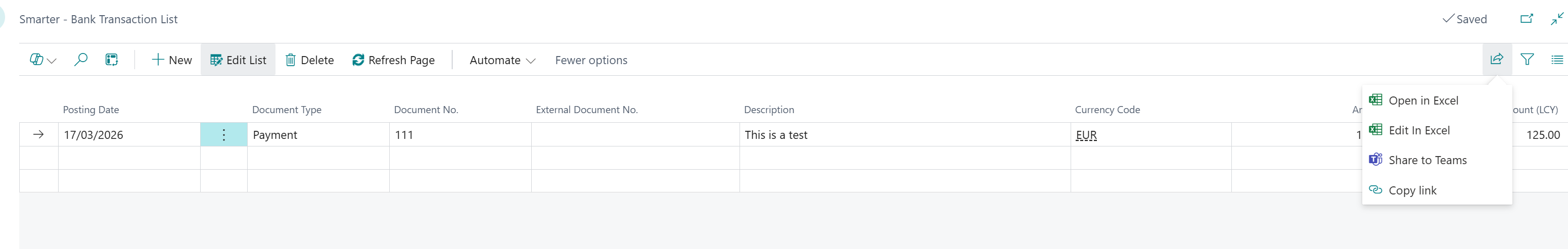 The image displays a bank transaction list in a software interface, with fields for date, document number, description, currency, and options for editing and exporting.
AI-generated content may be incorrect.