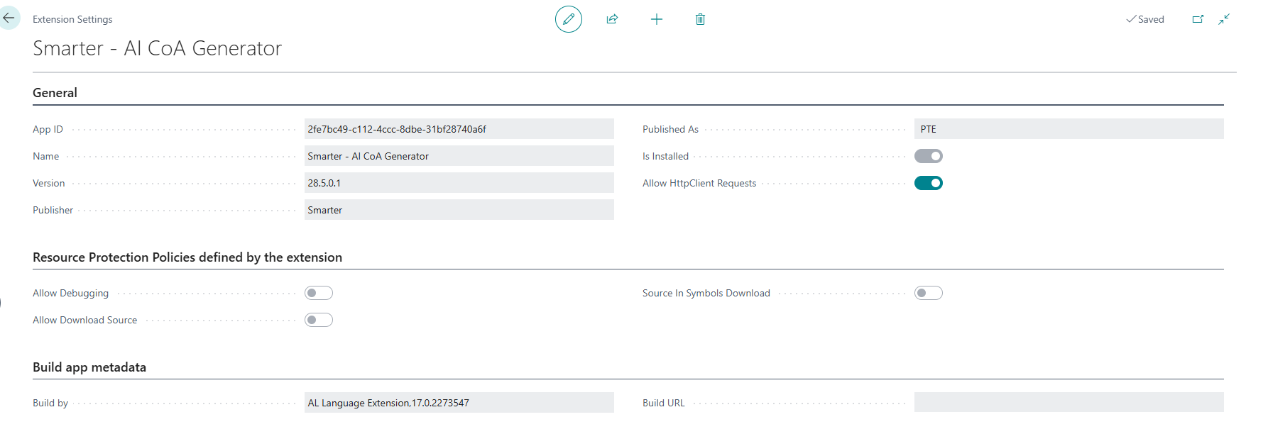 Extension Settings for the installed app. Allow HttpClient Requests must be enabled for the app to reach the AI service.