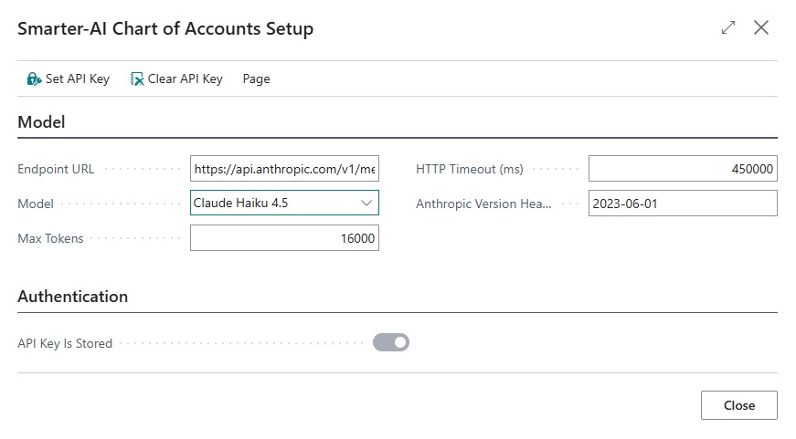 The Smarter-AI Chart of Accounts Setup page, with Set API Key in the ribbon and API Key Is Stored showing whether a key is held.