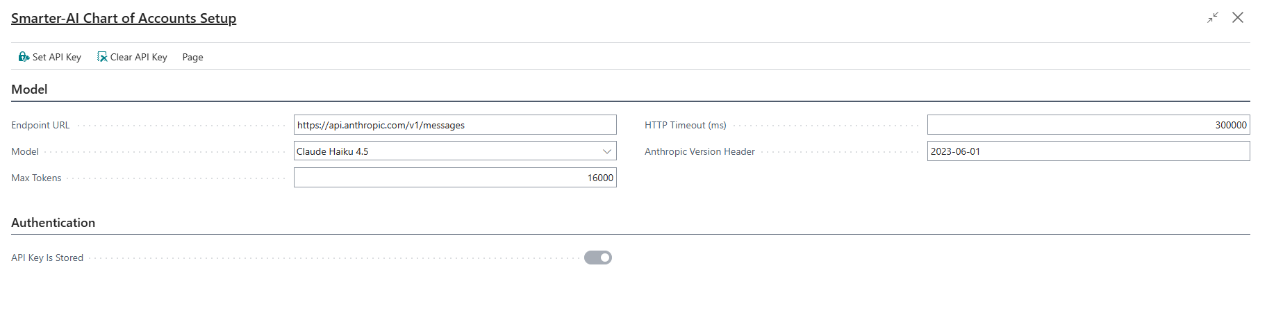The setup page in full, showing the Model and Authentication sections.