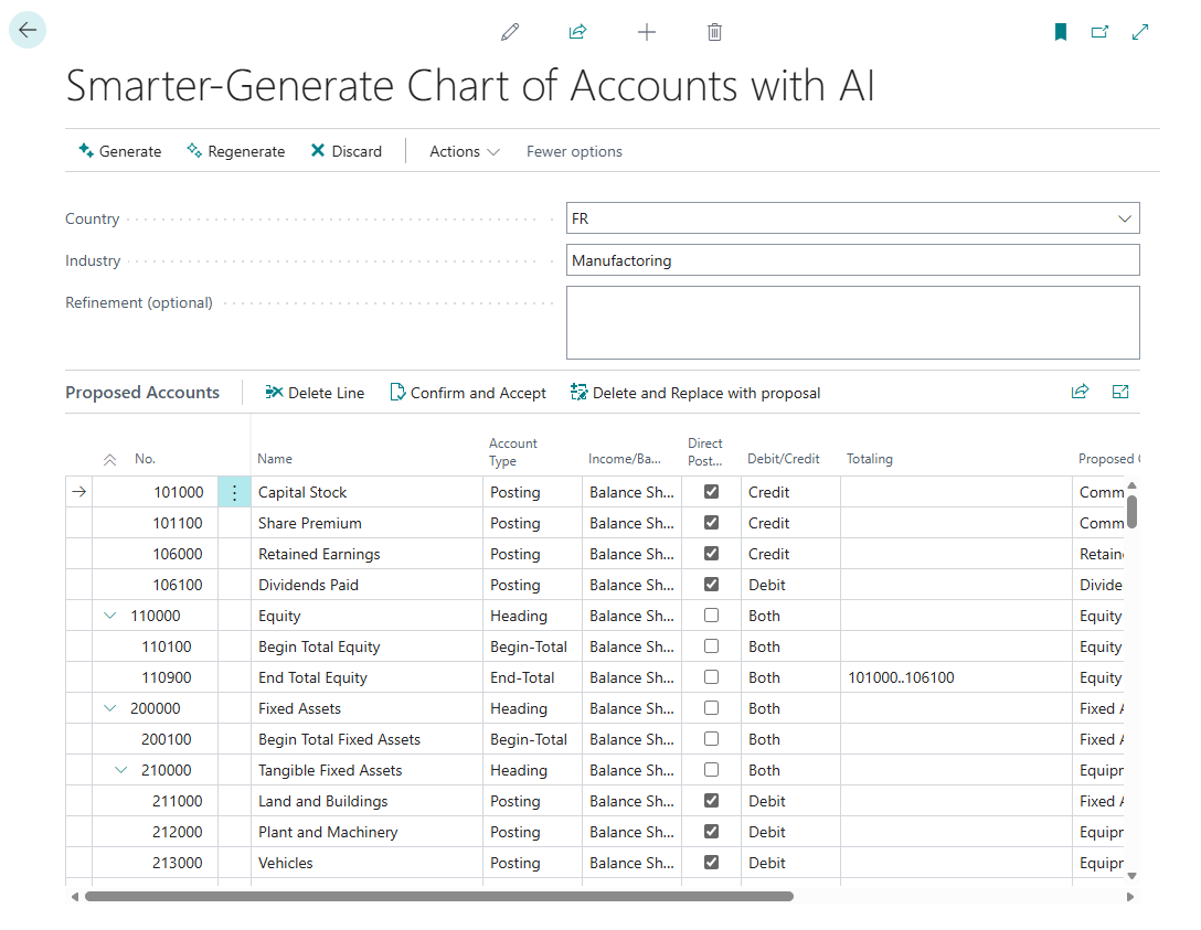 The same dialog after generation, with the proposed accounts listed and nothing yet written to the company.